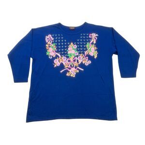 Vintage Linda Lori Sweatshirt Womens Large L Blue Pink Flowers Long Sleeve